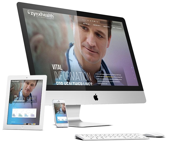 Zynx Health healthcare technology web design on multiple displays.