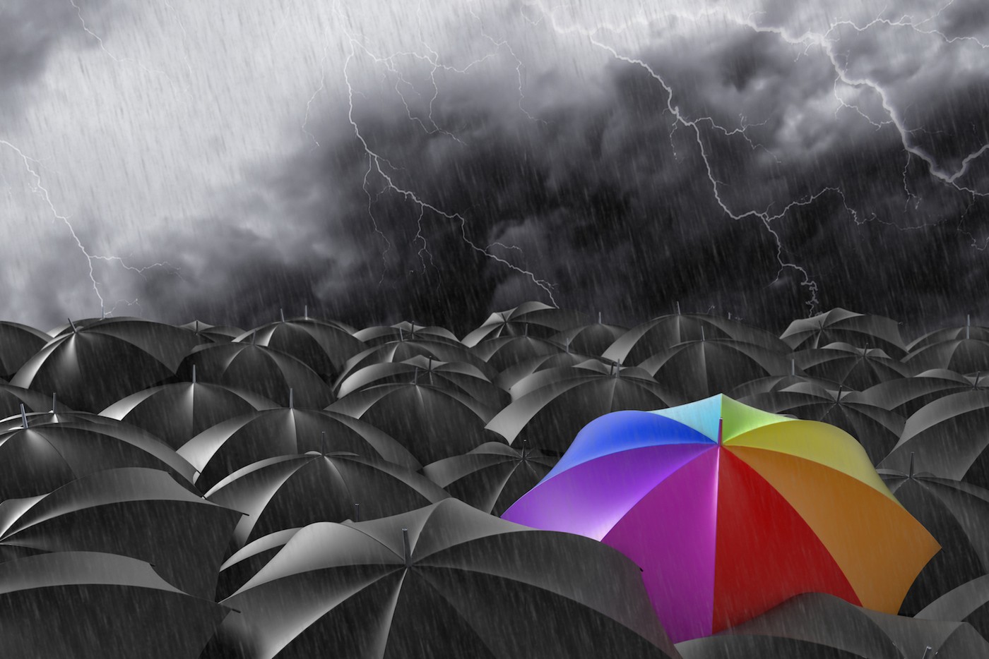 rainbow umbrella surrounded by black umbrellos
