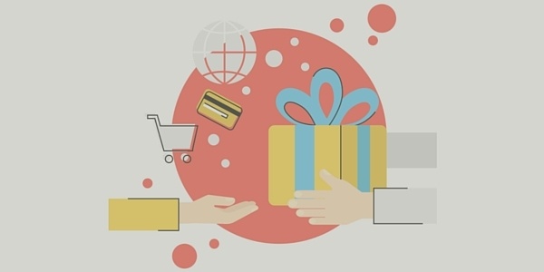 Graphic of Hands Holding a Gift Surrounded By Floating Shopping Cart and Credit Card