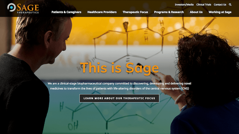 Healthcare Branding Example #2: Sage Therapeutics Website Screenshot