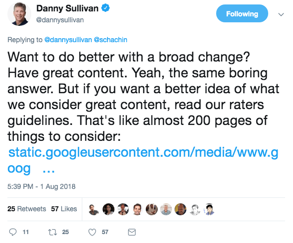 Danny Sullivan Tweet on Great Content.