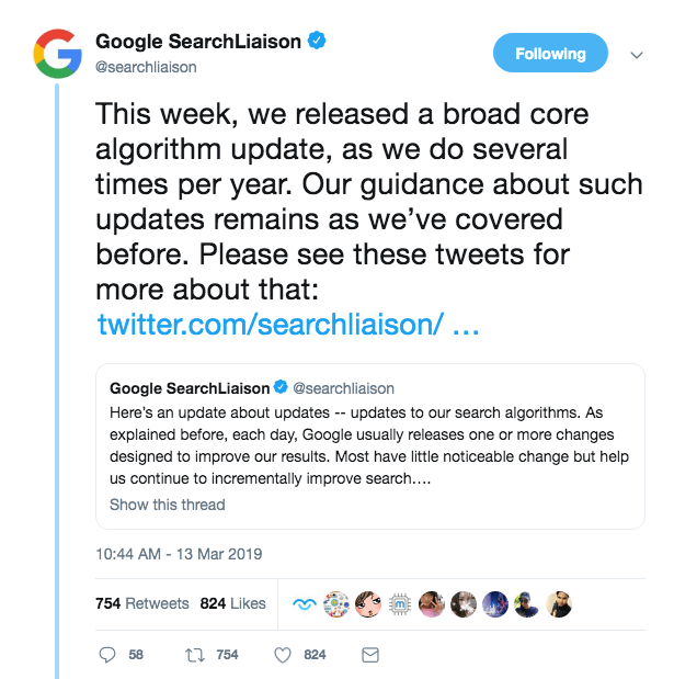 Google Search Liaison Tweet on Algorithm Update